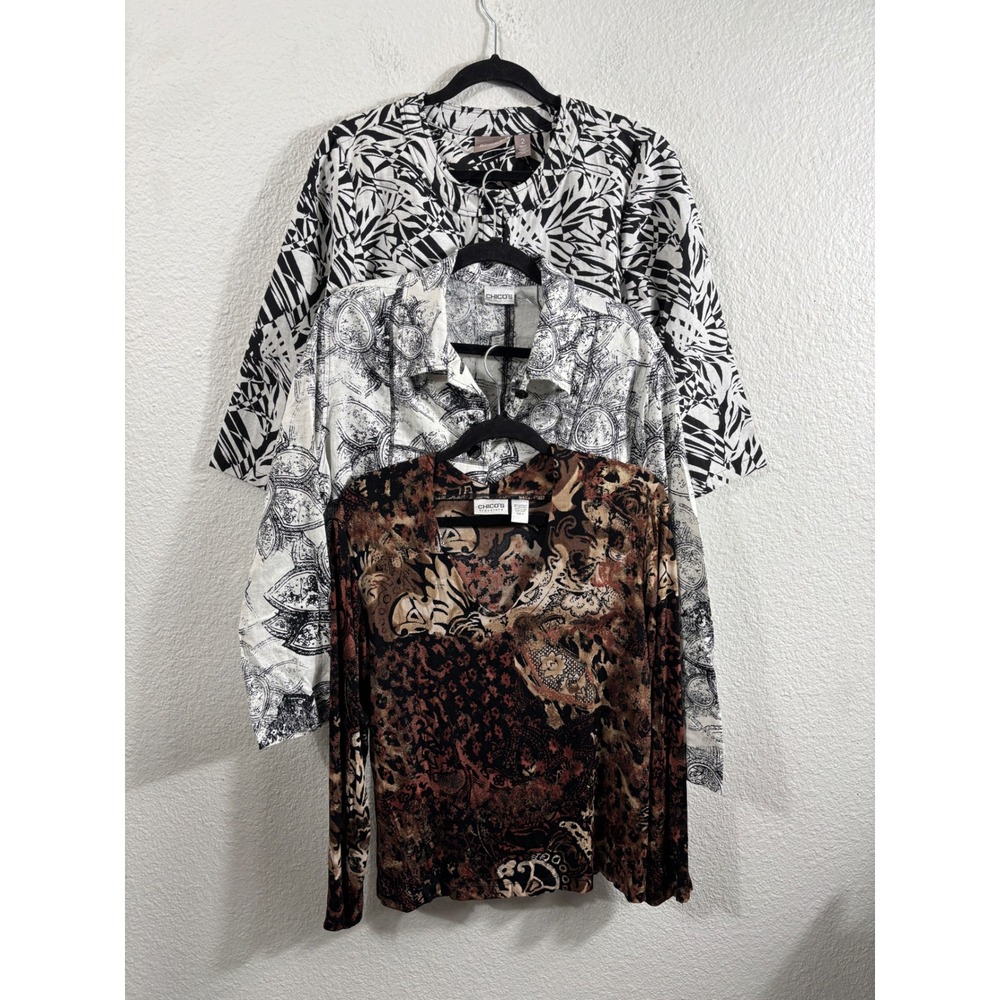Chicos Lot of 3 Tops Blazer Size 2 Travelers Animal Print Abstract Button Down